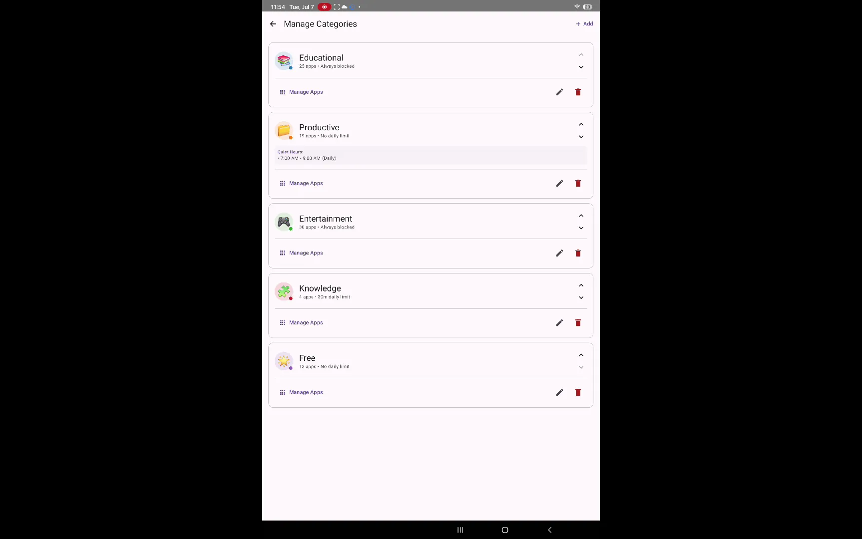 Android native category settings screen.