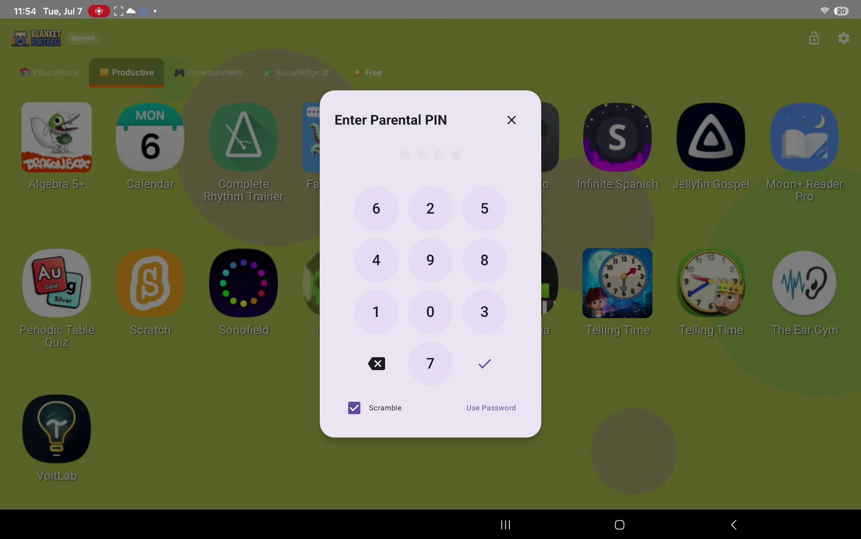 Android native child home screen with parent PIN access prompt.