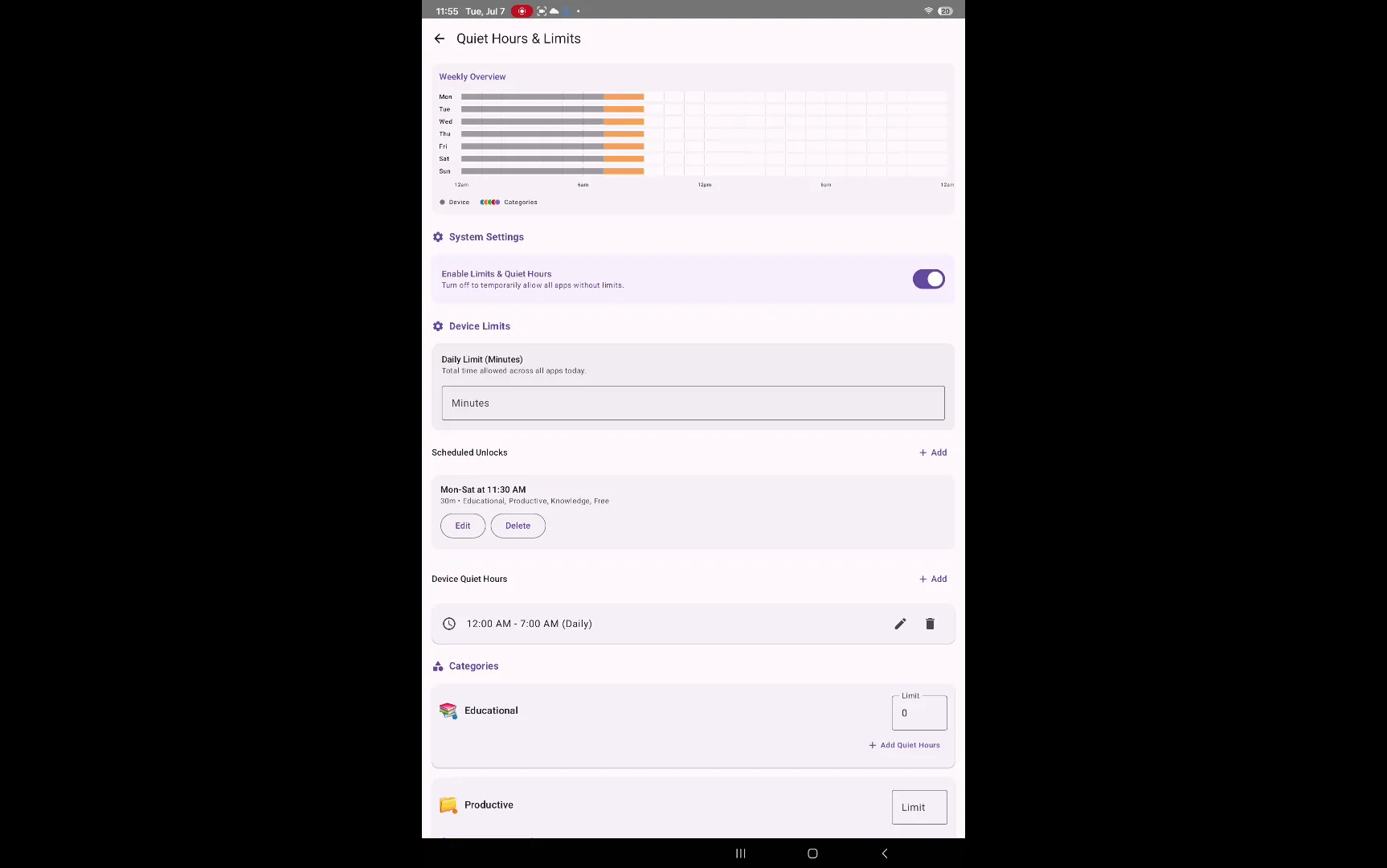 Android native quiet hours configuration screen.