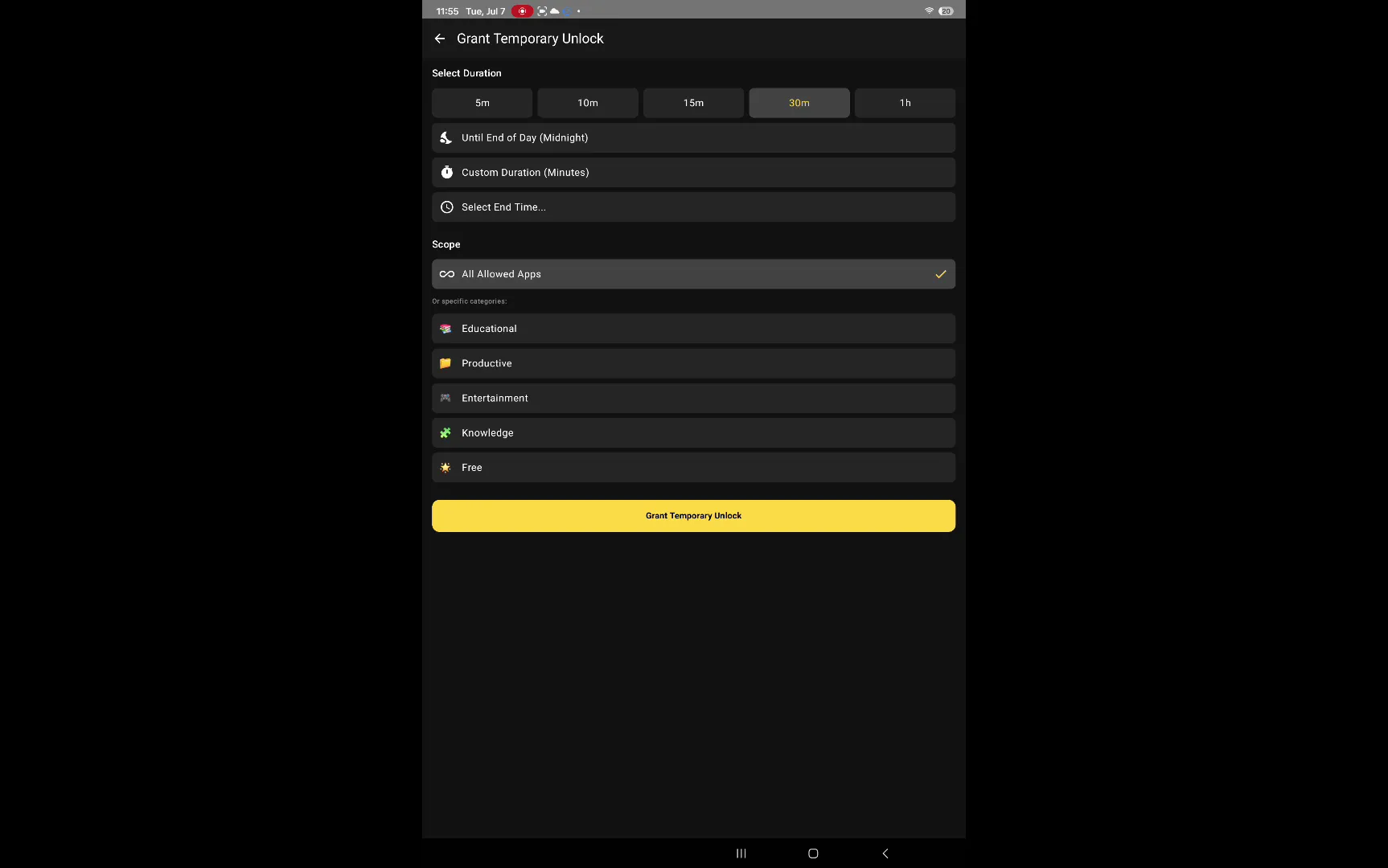 Android native temporary unlock screen.