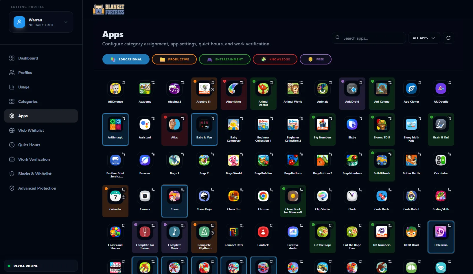 Android web dashboard app management screen.