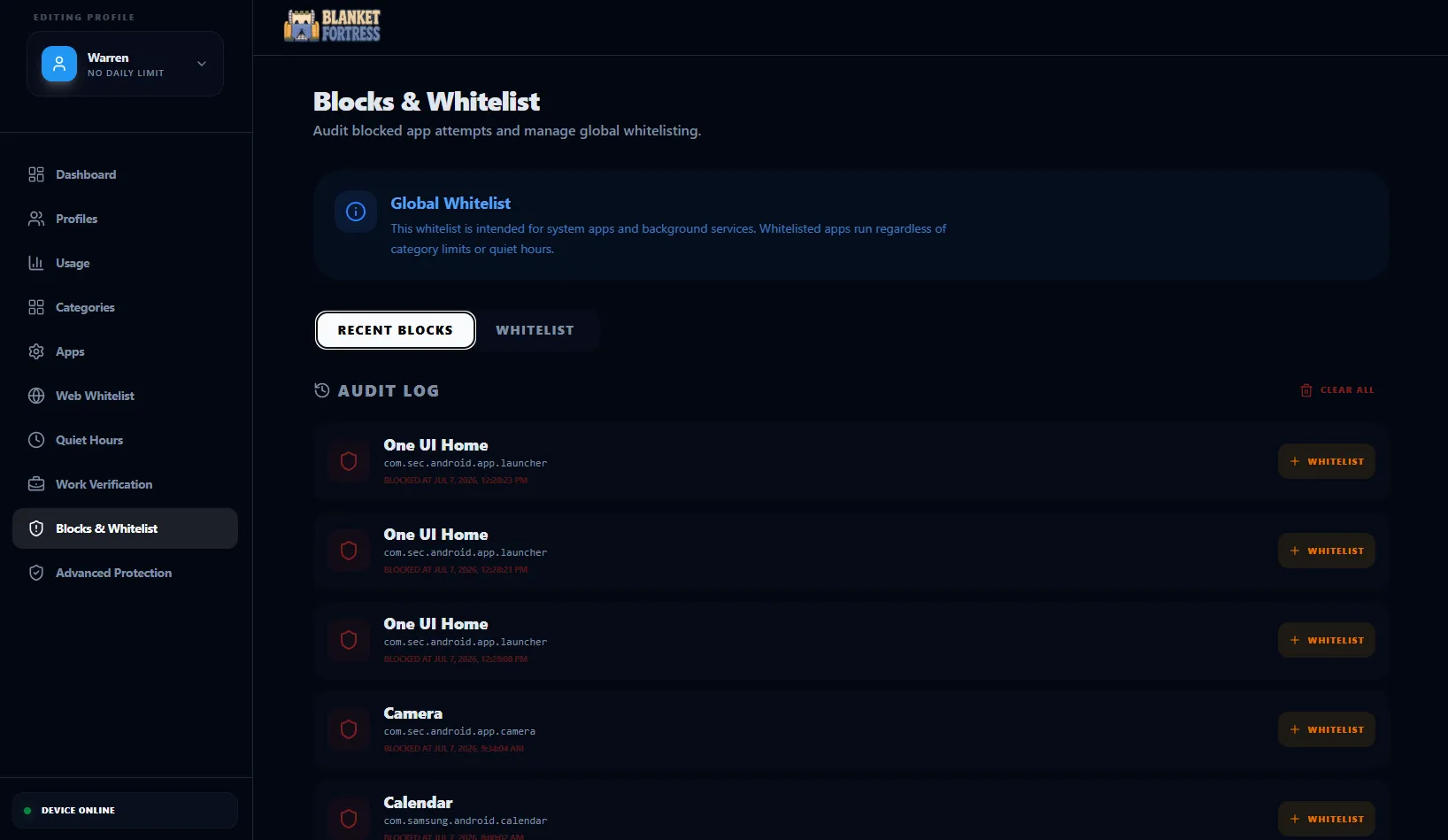 Android web dashboard block configuration screen.