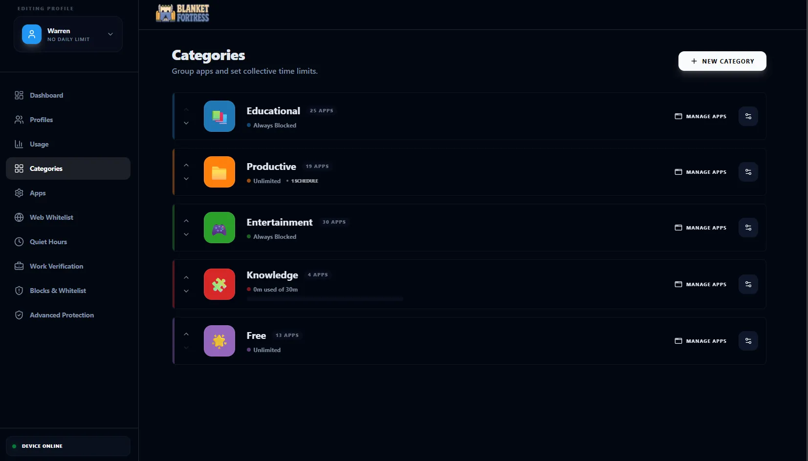 Android web dashboard category management screen.