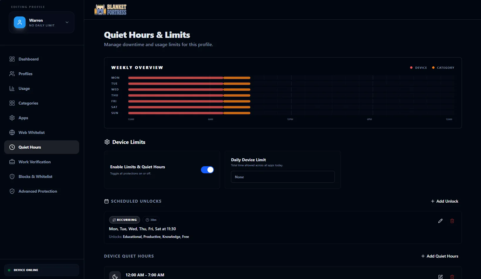 Android web dashboard quiet hours screen.
