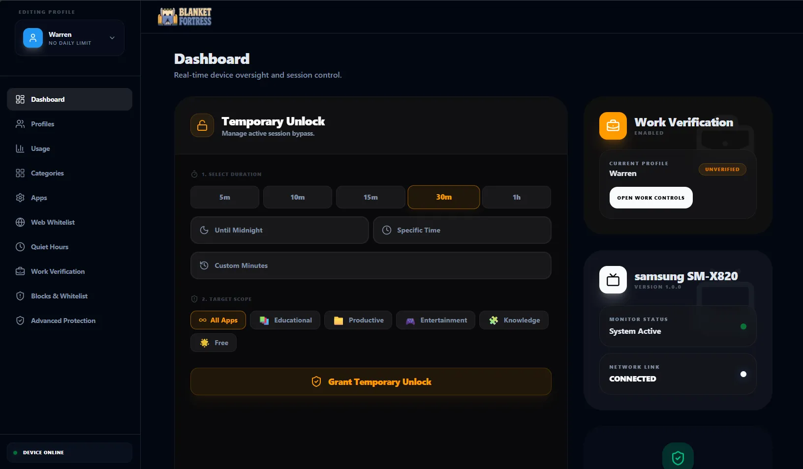 Android web dashboard temporary unlock screen.