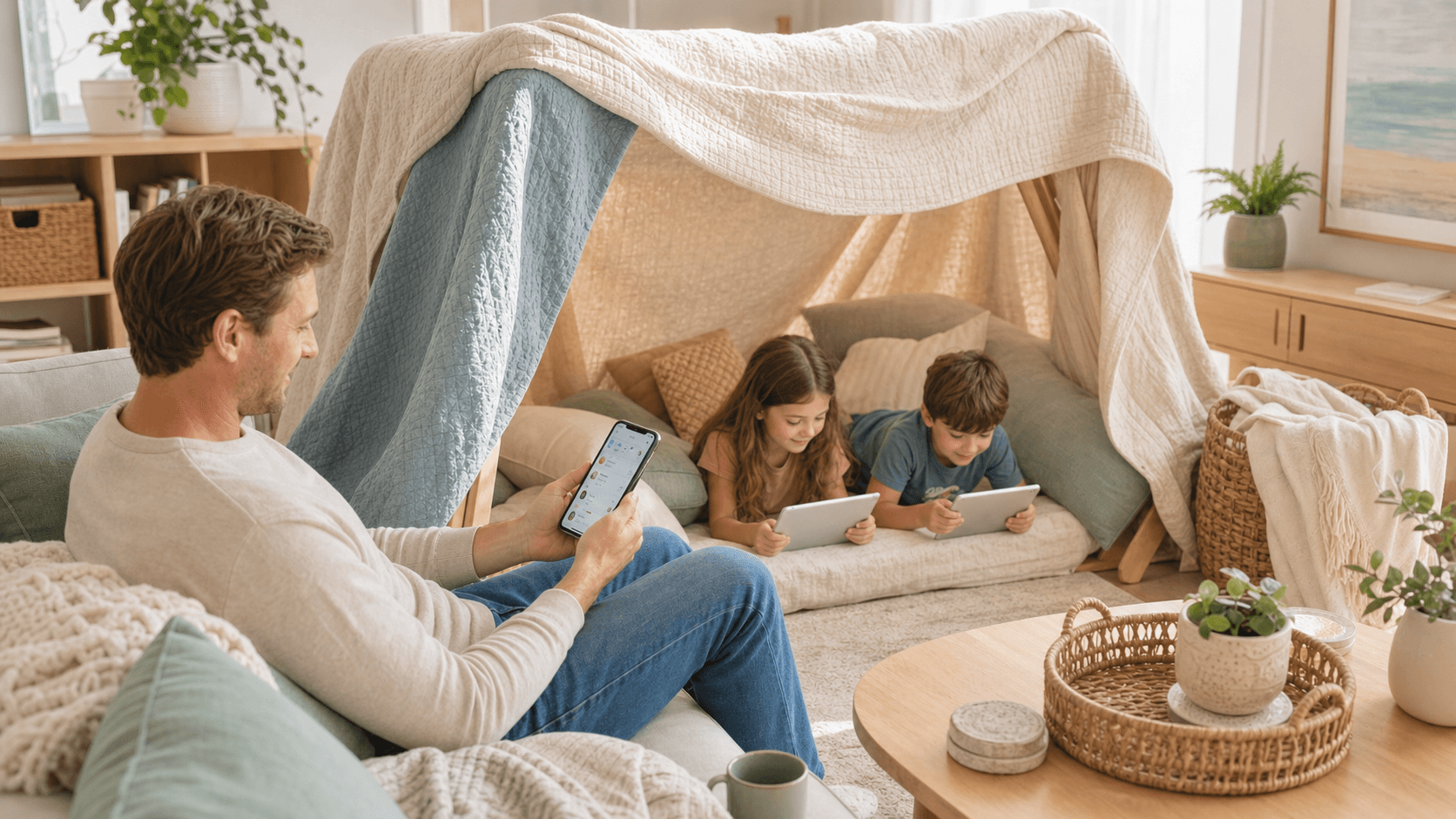 A parent reviewing controls while children play near devices in a light blanket-fort living room.