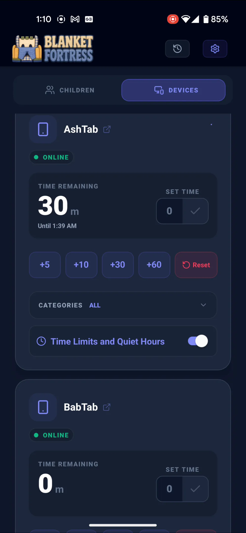 Parent remote app device overview screenshot.
